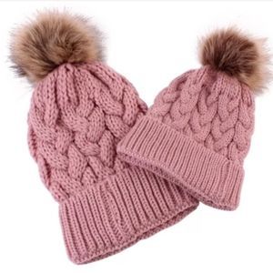 Rose Cable Knit Beanie with Pom Pom Adult & Child Winter Hat Set